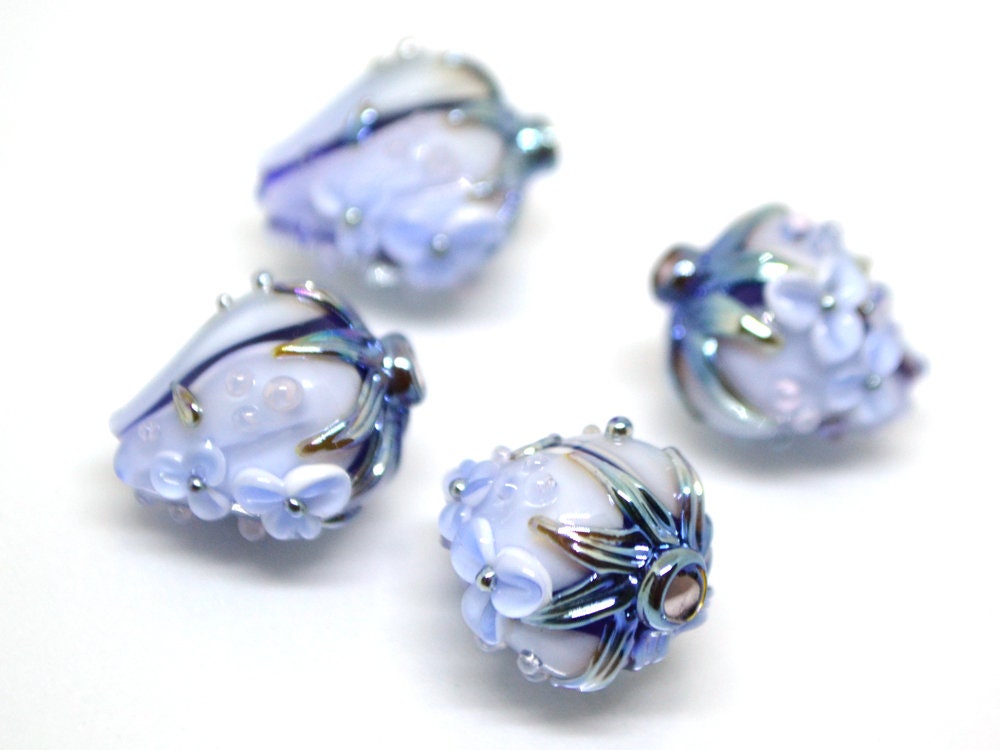 Blue Glass flower bouquet on lampwork bud beads, Pale blue lampwork beads, Miniature flowers, Something blue