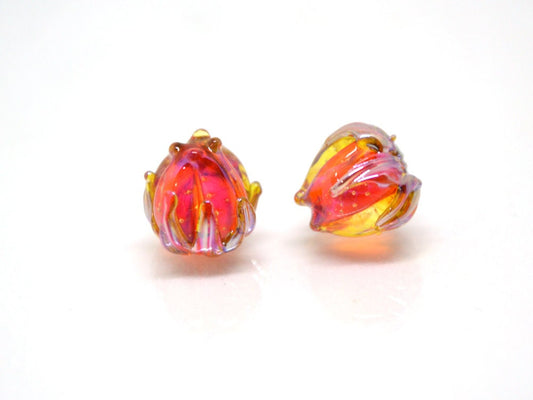 Orange silver flower beads, 7mm glass beads, Small flower beads, Netting pattern beads, Flower glass beads,Tiny glass bead,Artisan lampwork