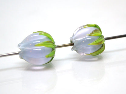 Pale blue and pink flower beads, Pastel Floral glass beads with green leaves, 12mm flower beads, Easter, Artisan lampwork