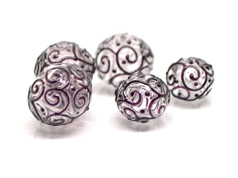 Clear hollow glass beads with black curls, Textured lampwork beads, Transparent clear beads, Artisan Lampwork
