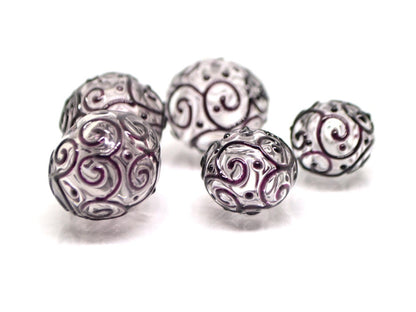 Clear hollow glass beads with black curls, Textured lampwork beads, Transparent clear beads, Artisan Lampwork