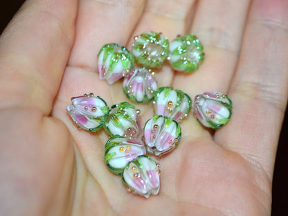 Pink milk glass beads, 10mm flower beads, Two tone beads, Floral theme beads, Floral lampwork, Artisan lampwork, bud green leaf, Jewelry
