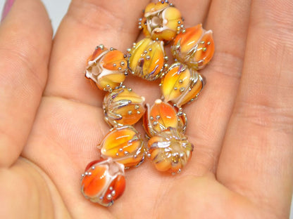 Red orange glass beads gold dots, 10mm flower beads, Artisan lampwork bead, Red lampwork spacer, Craft beads, Floral lampwork, Flower spacer