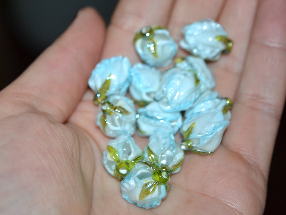 Pale blue glass beads, Lampwork flower beads, Sky blue beads, White blue glass beads, Romantic lampwork, Artisan lampwork, Something blue