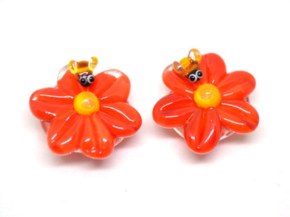 Lampwork Chamomile flower beads with bee, Red glass beads, Floral lampwork, Lentils beads, Summer glass beads, Artisan lampwork, red flower