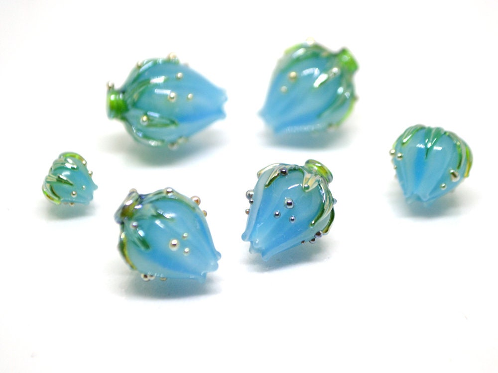 Powder blue glass beads, Handmade glass beads, Lampwork flower beads, Light Blue beads, Pale blue beads, Blue jewelry making,Blue flower bud