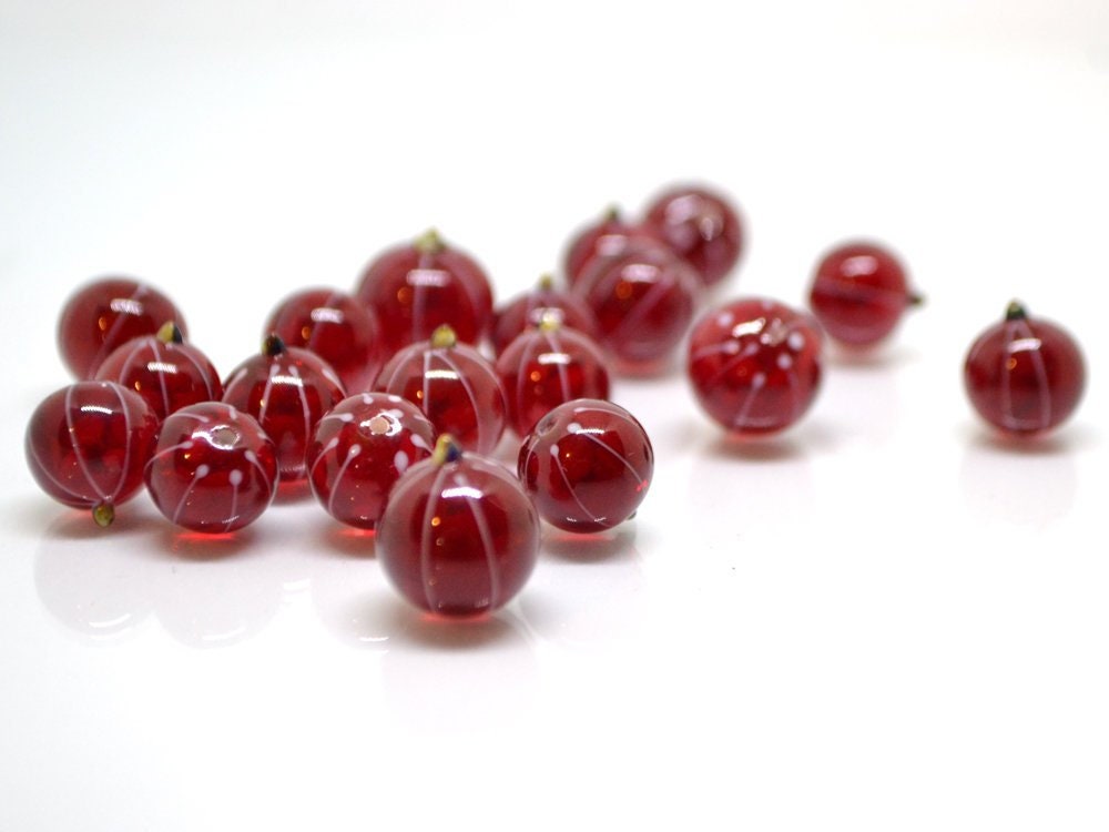 Lampwork Red currant beads, Gloss glass berries, Lampwork berry, Glass Redcurrant, Red berries white stripes, half-drilled beads