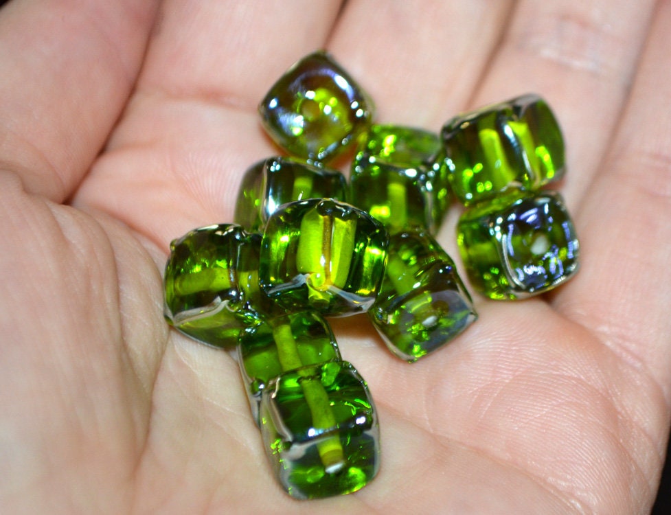 Salad green glass beads, Verdant green beads, Handmade green cube beads, Lampwork cube bead, Square lampwork bead, Geometry lampwork