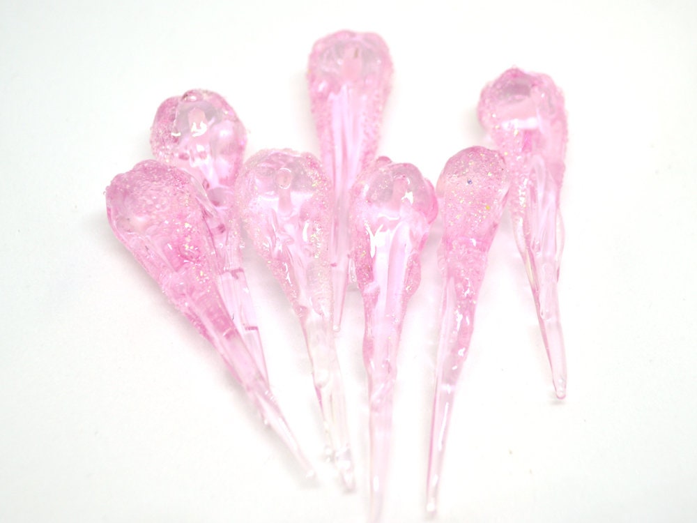 Pink Icicle Glass Beads, Christmas Beads, Transparent Glass beads, Snow Lampwork, Mini christmas tree decor, Holiday beads, Artisan lampwork