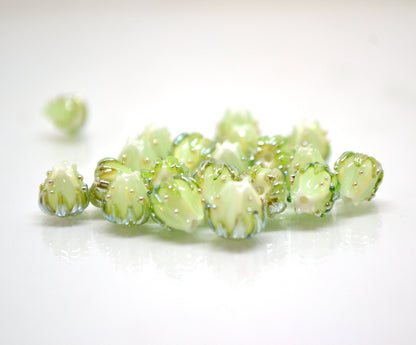 Mint green flower beads with gold leaves, Small glass beads, 7mm flower beads, Tiny lampwork beads