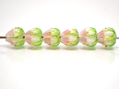 Pink milk glass beads, 10mm flower beads, Two tone beads, Floral theme beads, Floral lampwork, Artisan lampwork, bud green leaf, Jewelry