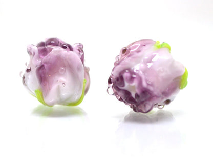 Amethyst white rosebud beads, Lilac floral lampwork, Lilac glass beads, DIY Jewelry, Flower glass beads, Flower Jewelry, Made for order