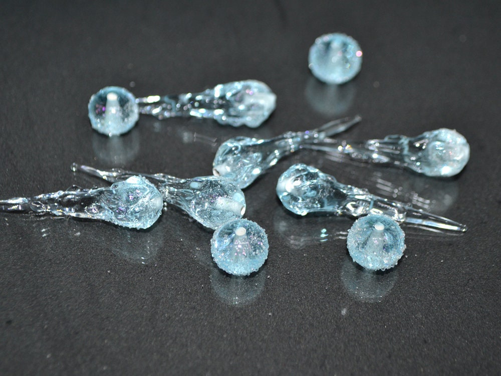 Blue Icicle Glass Beads, Frosted Glass beads, Snow Lampwork, Christmas Beads, Artisan lampwork, Glass Icicle Ornament, Sparkle icicle charm