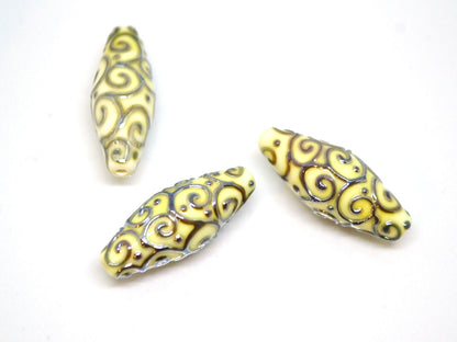 Ivory rhombus focal beads with gold curls, White milk glass beads, Mirror effect beads, Artisan lampwork