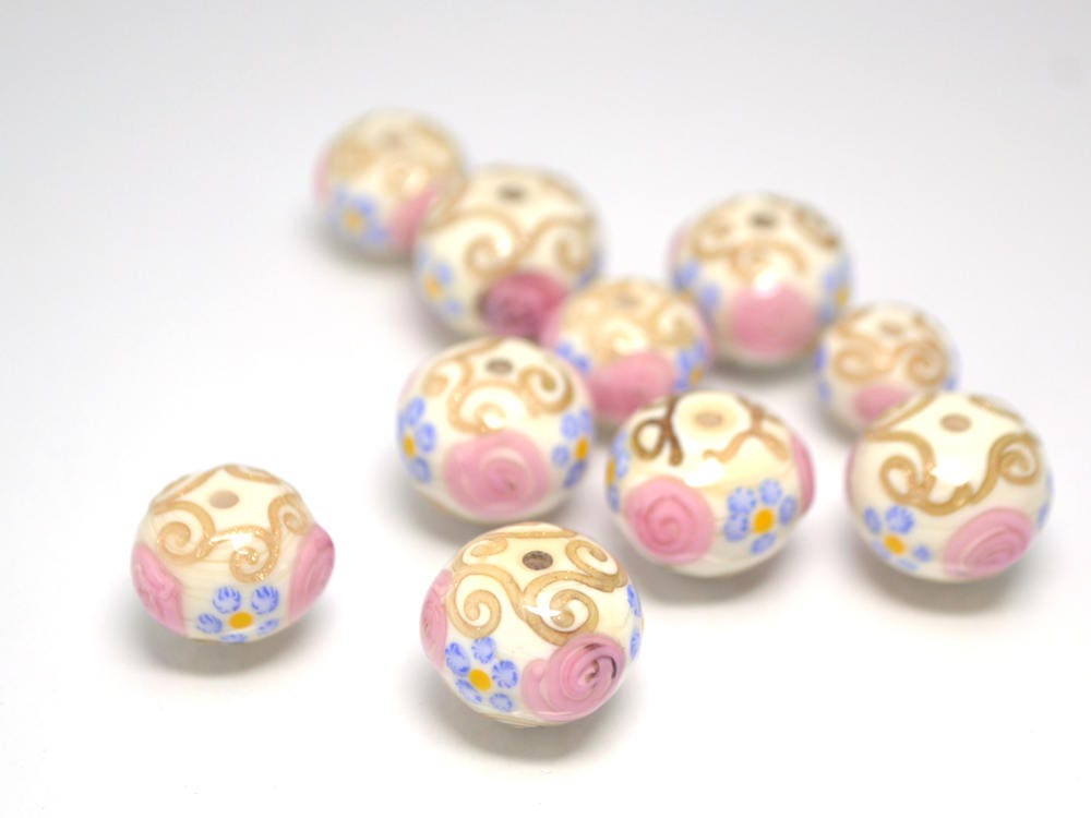 murano glass ivory lampwork ethnic beads jewelry making venetian italian handmade bead beige pink blue artisan lampwork round gold curles