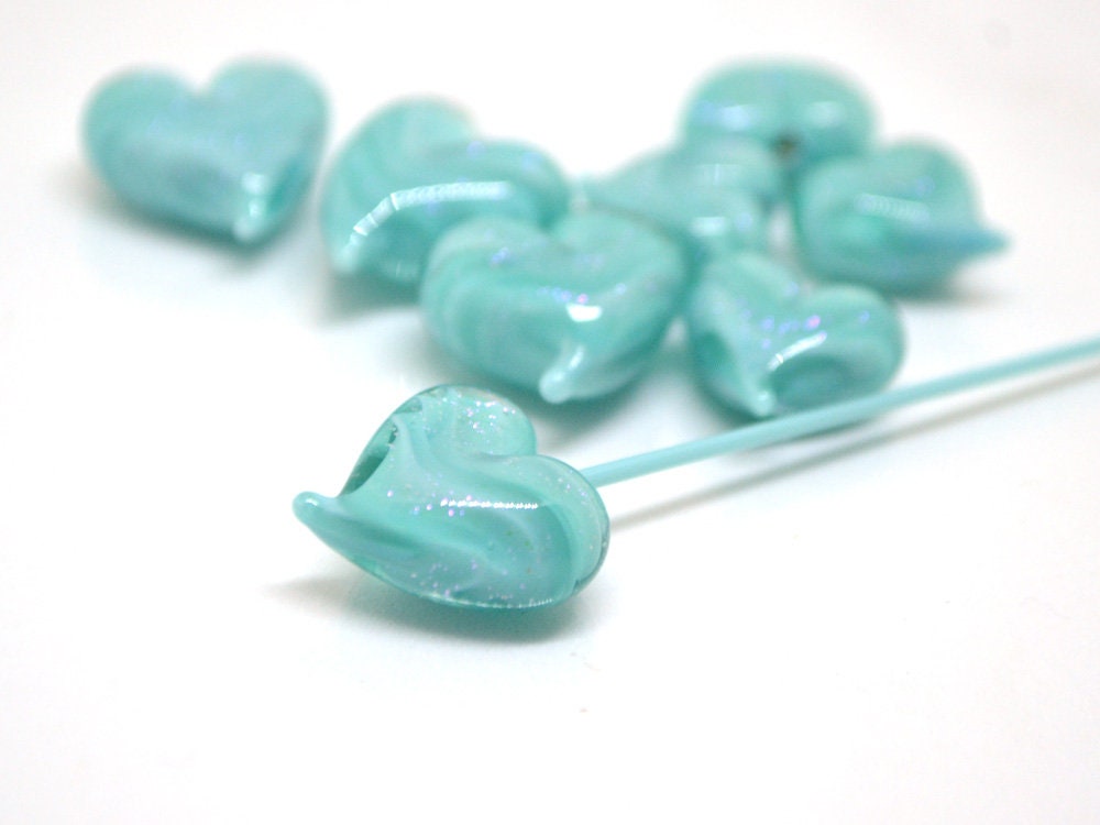 Turquoise heart beads, Green blue glass bead, Sparkle Lampwork heart, Heart shape bead, Glass Heart charm beads, Half-drilled beads