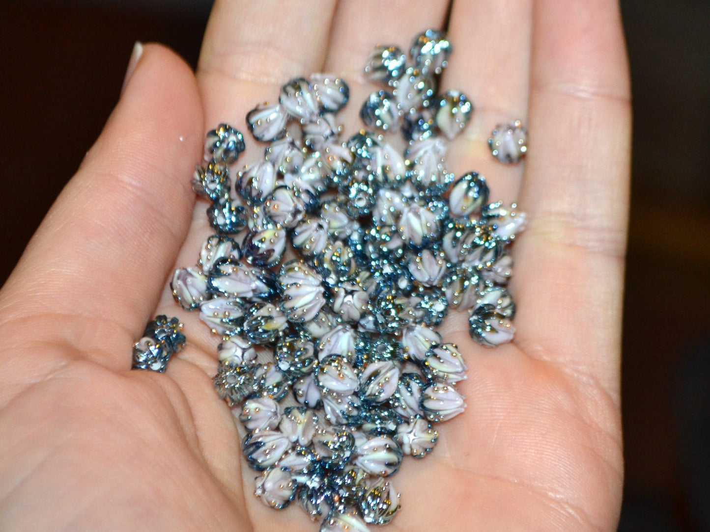 Very tiny 7mm pale pink flower glass beads, Small flower beads,  Half drilled beads, Small flower charm, through hole