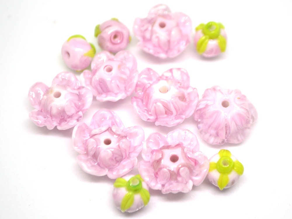 Lampwork peony beads, Glass flower beads, Pink floral beads, Handmade glass work, Focal lampwork, Lampwork Flower Bud Bead, SRA beads,Murano