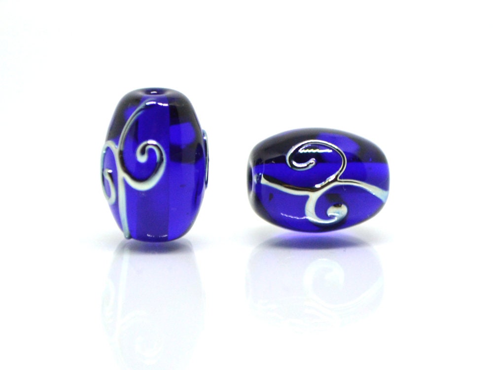 Cobalt blue rice glass beads silver curles, Barrel Oval lampwork beads for you, Artisan lampwork, Jewelry supplies earrings making spacer
