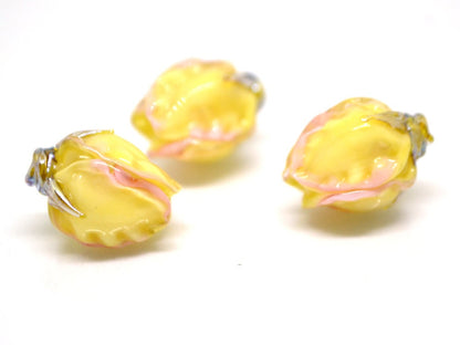 Yellow pink glass beads, Lampwork flower beads, Glass floral bead, Murano glass bead, Artisan lampwork, beads for jewelry, Handmade lampwork