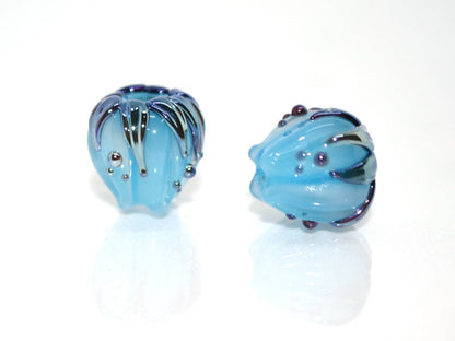 Pastel blue flower beads silver, 10mm glass beads, Flower lampwork bead, Floral lampwork, Artisan lampwork, Beads for Jewelry supplies, Bead