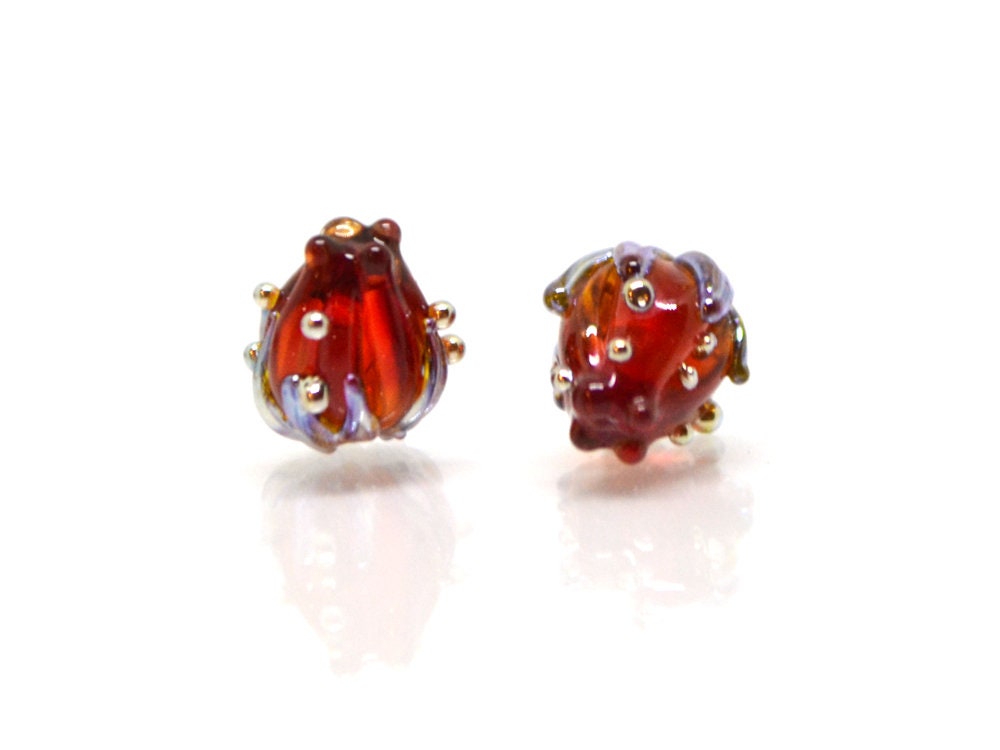 Red wine and silver floral lampwork beads, 7mm glass beads, Half drilled beads, Very small beads, Tiny beads