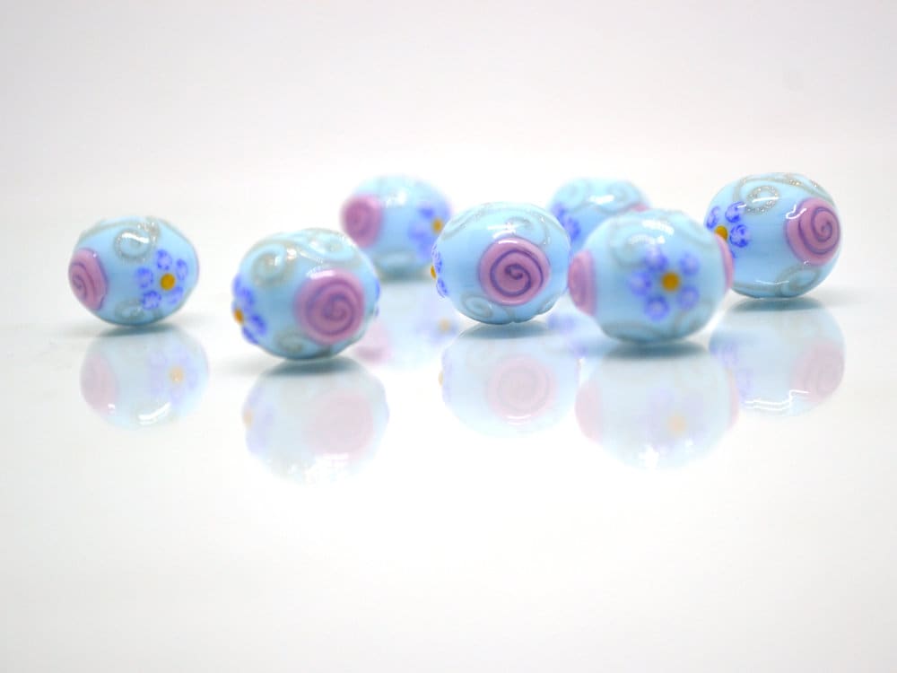 Venetian glass beads - Sky blue handmade beads with pink flowers and gold swirl, Artisan Lampwork Vintage glass bead Rondelle Jewelry making