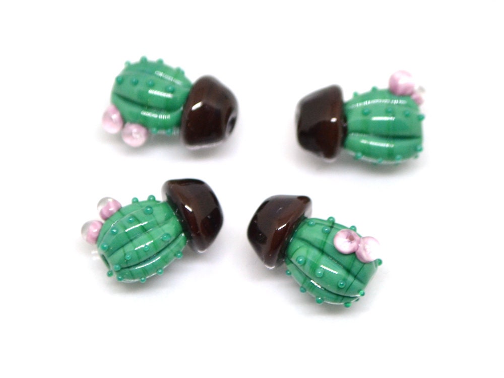 Glass cactus beads with pink flower, Dessert plants, Cactus flower in a pot pendant, Succulent beads