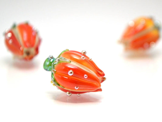 Red rosebud Handmade Lampwork Beads Artisan Lampwork Flower Glass Beads Red Orange Glass Beads Glass Floral Lampwork Flower Bud Rose Beads