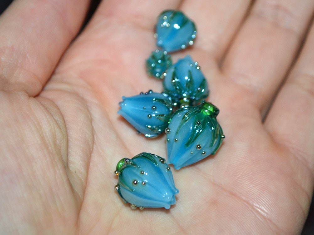 Powder blue glass beads, Handmade glass beads, Lampwork flower beads, Light Blue beads, Pale blue beads, Blue jewelry making,Blue flower bud