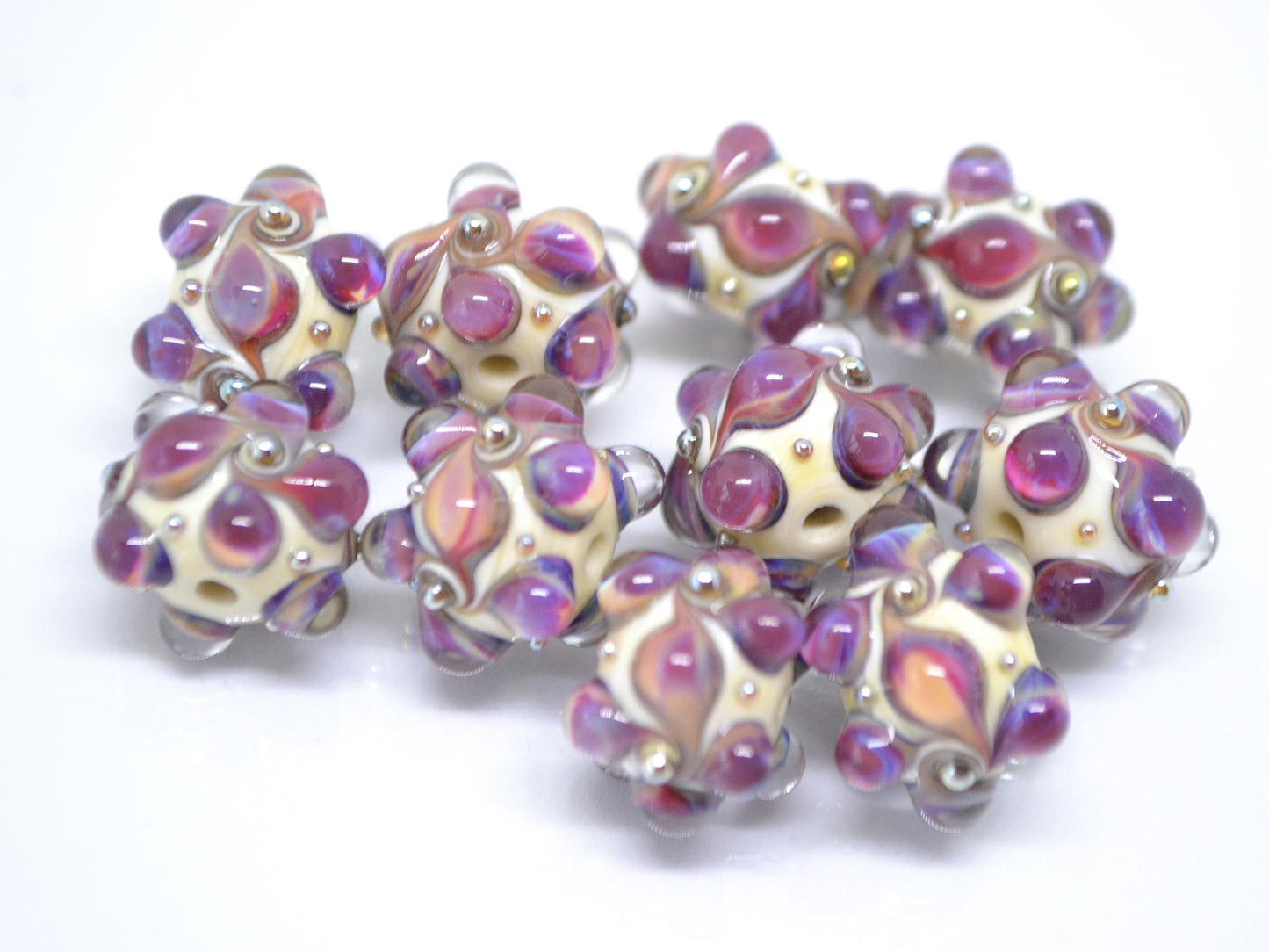Purple beige Lampwork bead, Purple Ivory glass beads, Pastel lampwork beads, Focal beads, Artisan lampwork, Handmade bead, Rondelle beads