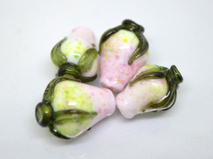 Pink white twist rosebud beads, Spring flower Glass Beads, Floral lampwork bead, Pink green flower buds, Artisan lampwork beads, OliVerStar