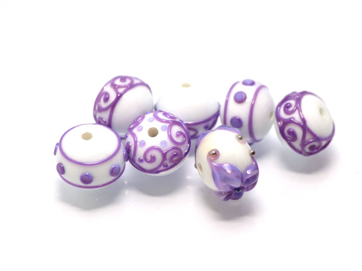 Lampwork purple white glass Handmade beads Artisan lampwork Rondelle bead Lampwork beads set Bracelet jewelry making set flower lampwork