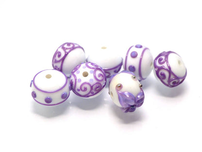 Lampwork purple white glass Handmade beads Artisan lampwork Rondelle bead Lampwork beads set Bracelet jewelry making set flower lampwork