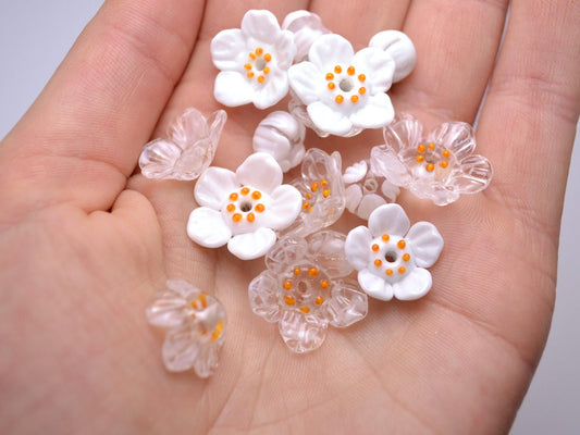 Handmade lampwork Beads Diphylleia Grayi Jewelry making Wedding set of beads Clear Floral beads Glass beads Artisan White and Clear Necklace