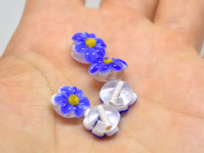 Blue Lampwork Chamomile beads, Cobalt blue Chamomile flower bead, Blue and yellow beads, Beads for bracelet, Blue flower bead, Blue lampwork