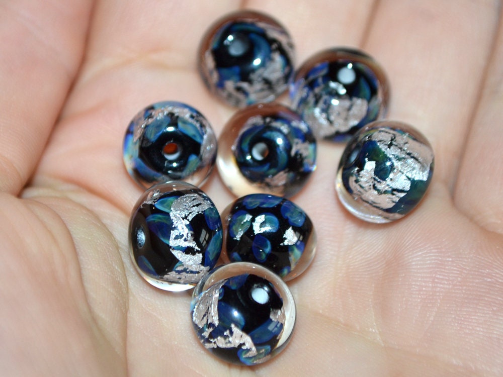 Black silver foil lampwork beads, Handmade glass beads, Artisan Lampwork, Art beads, rondelle beads
