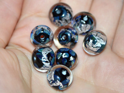 Black silver foil lampwork beads, Handmade glass beads, Artisan Lampwork, Art beads, rondelle beads