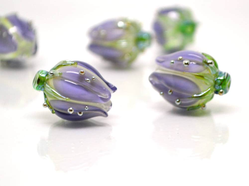 floral glass beads artisan lampwork bead pendant flower bud bead pastel beads light purle glass beads for earrings flower bead pendant glass
