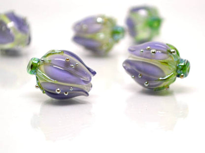 floral glass beads artisan lampwork bead pendant flower bud bead pastel beads light purle glass beads for earrings flower bead pendant glass