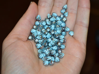 Very small 7mm pale blue and silver flower glass beads, Tiny flower beads,  Half drilled beads, Drilled Flowers