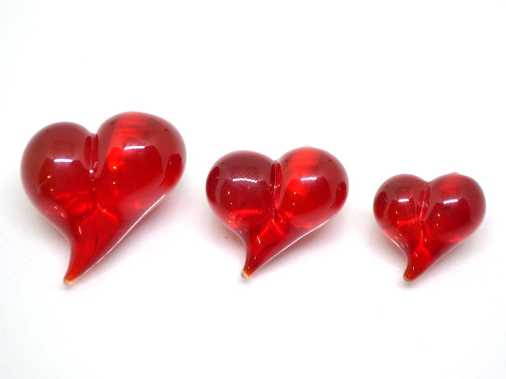 Red heart charm beads, Lampwork heart, Red glass beads, Glass heart shape bead, Murano style bead, Half-drilled beads, Artisan lampwork