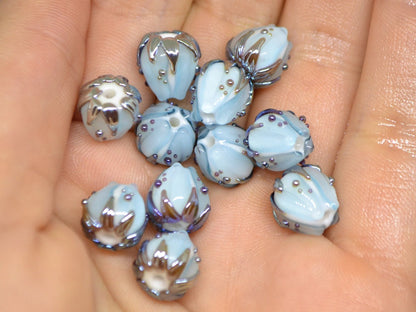 Pastel blue flower glass beads silver, 10mm glass beads, Pale blue lampwork flower bead, Floral lampwork, Handmade glass bead Something blue