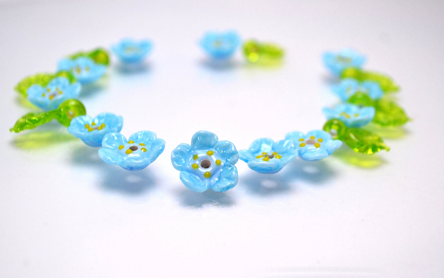 blue jewelry flower blue flower bead necklace making set bracelet making set handmade jewelry green leaf glass artisan lampwork  wildflower