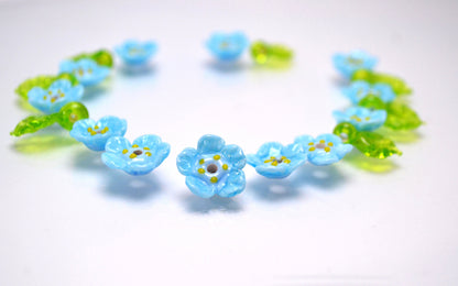 blue jewelry flower blue flower bead necklace making set bracelet making set handmade jewelry green leaf glass artisan lampwork  wildflower