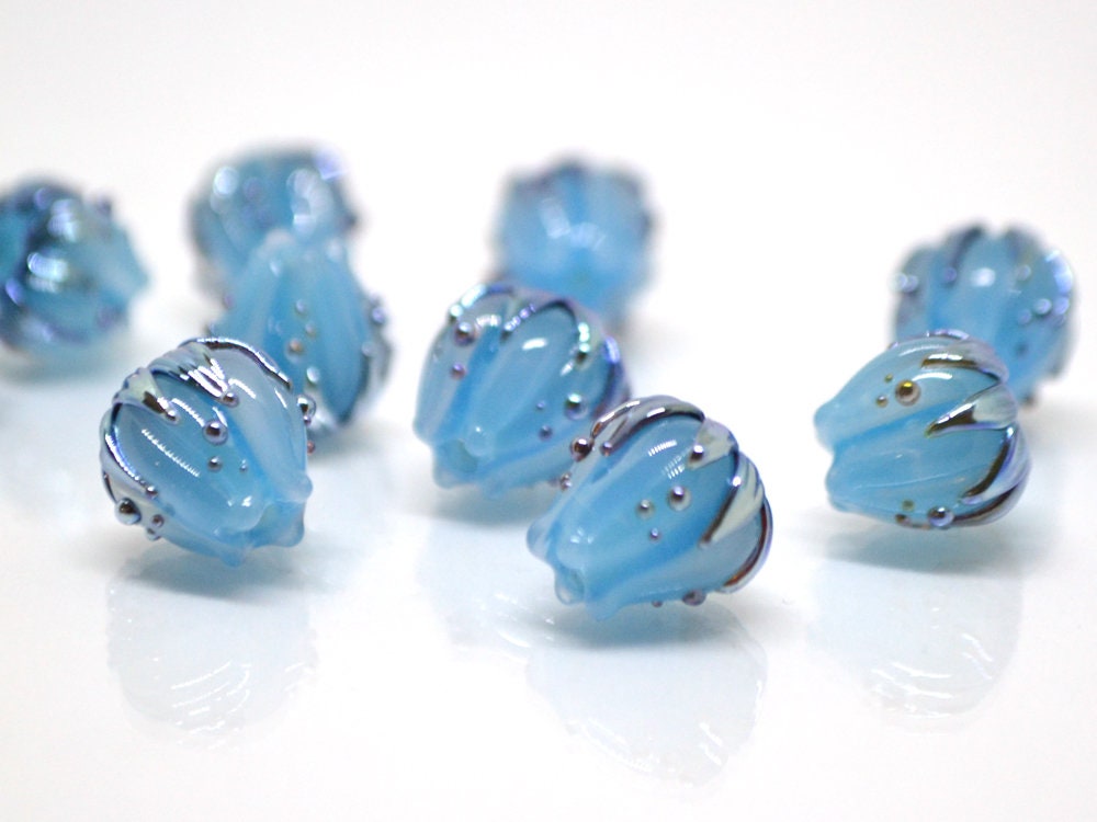Pastel blue flower beads silver, 10mm glass beads, Flower lampwork bead, Floral lampwork, Artisan lampwork, Beads for Jewelry supplies, Bead