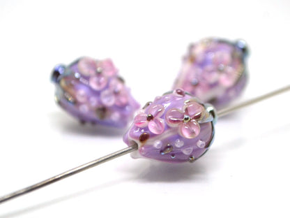 Lavender flower bouquet lampwork beads, Light purple lampwork beads, Artisan lampwork, beads for Designer