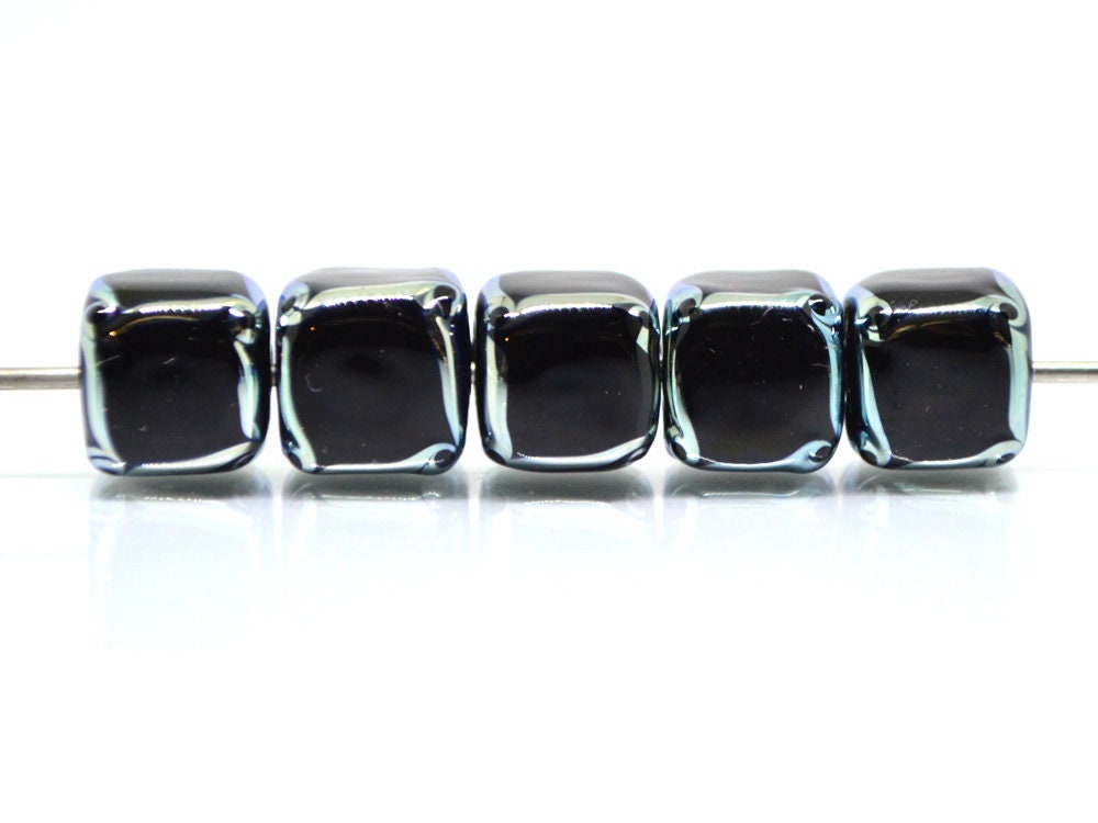 Black silver square beads, Black cube beads, Black spacer beads, Black lampwork beads, Artisan lampwork, 10mm cube beads, Geometric beads