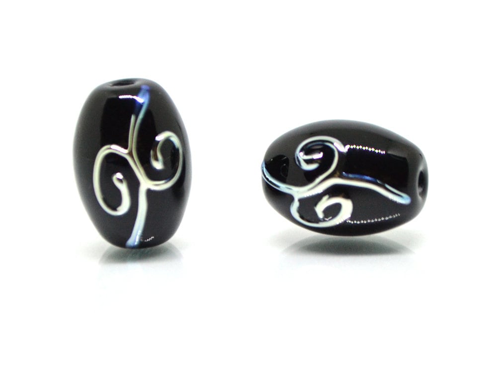 Black oval glass beads silver mirror curles, Barrel rice lampwork beads for you, Crafts beads, Jewelry supply, Artisan lampwork Glossy black