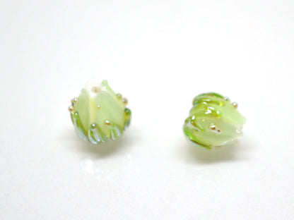 Mint green flower beads with gold leaves, Small glass beads, 7mm flower beads, Tiny lampwork beads